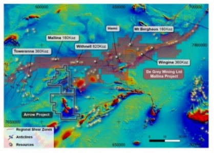 Map 2: TMI magnetic map showing the Arrow property, DEG tenure, shear zones and gold occurrences