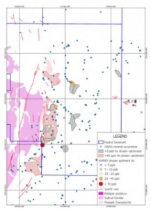 Map 6: E47/3478 gold values for historic stream sediment samples, showing gold- and arsenic-anomalous catchment areas