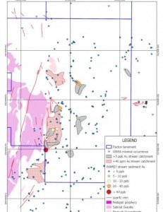 Map 6: E47/3478 gold values for historic stream sediment samples, showing gold- and arsenic-anomalous catchment areas