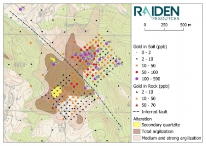 Map 4: Sbor Prospect alteration mapping and the results of Raiden’s recent soil sampling program (gold). The prospect is defined by a 2.2 km2 zone of intense argillisation and silicification (silica cap). A conspicuous and undrilled gold/copper/molybdenum in soil anomaly exists north-east of the inferred fault.