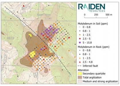 Map 6: Sbor Prospect alteration mapping and the results of Raiden’s recent soil sampling program (molybdenum). The prospect is defined by a 2.2 km2 zone of intense argillisation and silicification (silica cap). A conspicuous and undrilled gold/copper/molybdenum in soil anomaly exists north-east of the inferred fault.