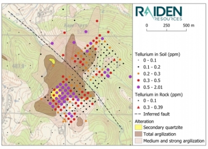Map 7: The south-western portion of the soil sampling grid returned an intense tellurium anomaly in an area with extensive silica alteration. This geochemical response and alteration is interpreted to represent a setting which is relatively higher up in the system, compared to the responses and alteration observed in the north of the prospect.