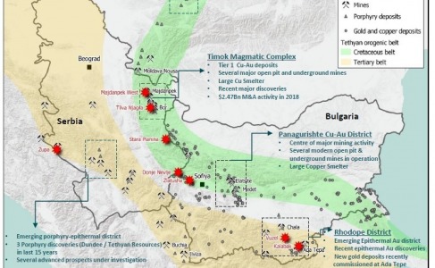 Map 1:  Locations of the Company’s projects in the Western Tethyan orogenic belts and relative to known porphyry and epithermal gold and copper deposits.