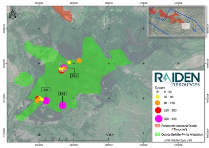 Map 5: Rosoman Prospect quartz-sericite-pyrite (phyllic) alteration mapping and the results of a historical outcrop sampling program. The diagram shows copper concentrations in outcrop and rock. The results demonstrate that the phyllic alteration zone coincides with elevated concentrations of copper.